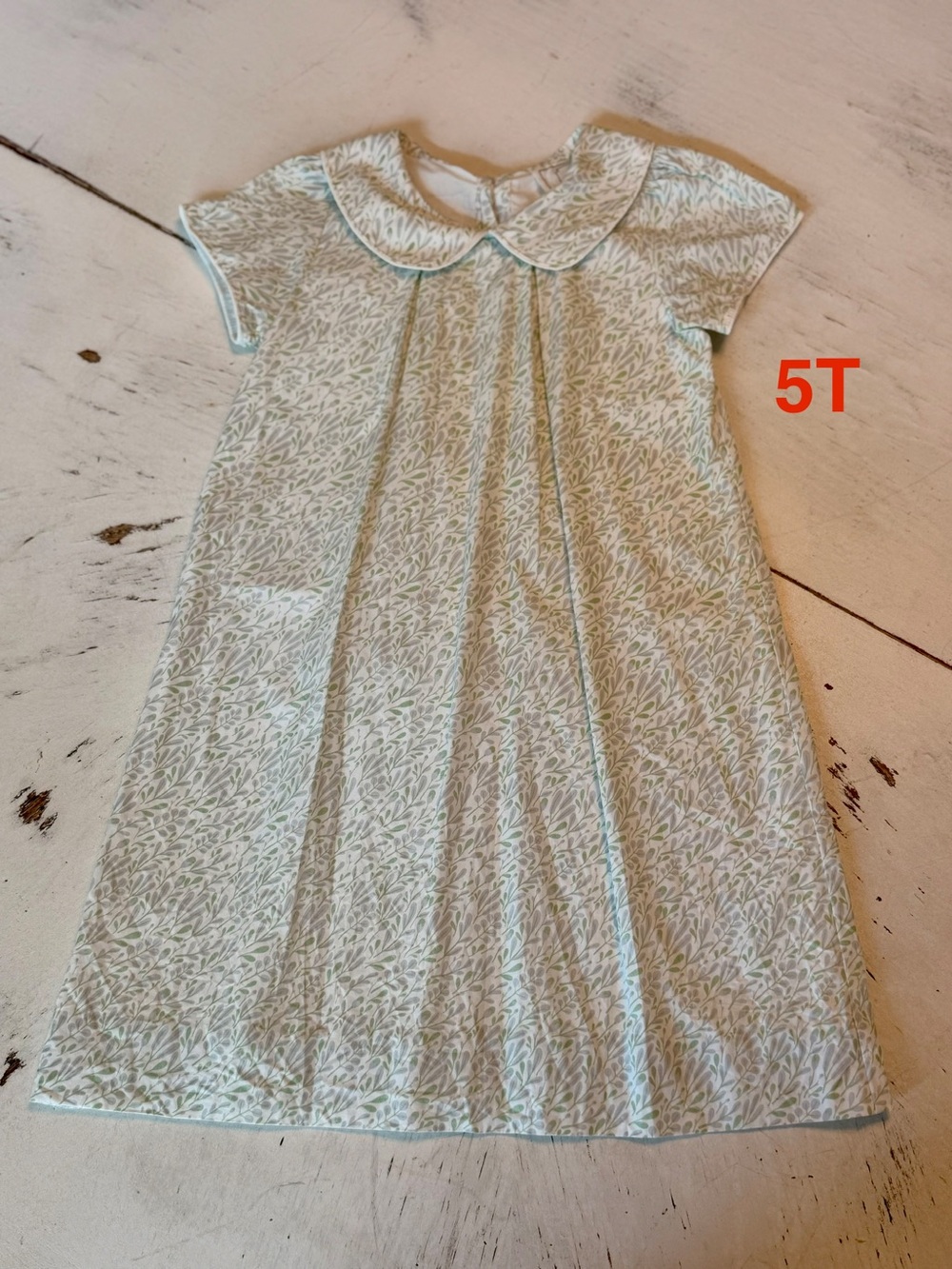Girls' Pale Green and Blue Leaf Print Peter Pan Collar Dress